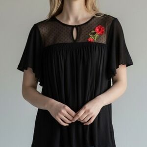 Rose Floral Appliqué Dotted Mesh Top